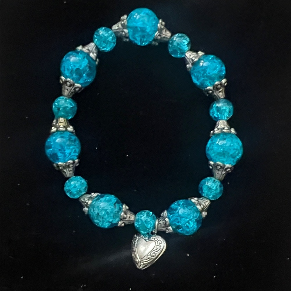 Turquoise Crystal Heart Charm Stretch Bracelet - Women Jewelry